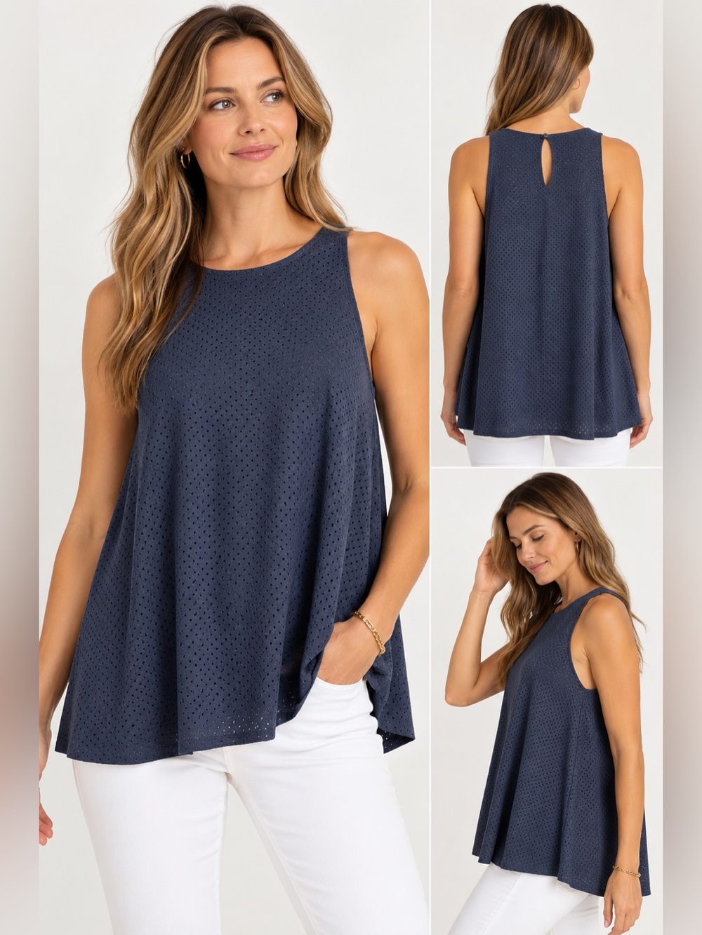 Anatomie Navy Perforated Sleeveless Tunic Top XL Stretch Travel Quiet Luxury